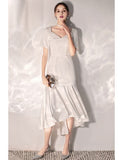 Vintage Satin Tea Length Short Sleeves Wedding Reception Dress