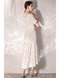 Vintage Satin Tea Length Short Sleeves Wedding Reception Dress