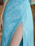 Blue Off The Shoulder Sequin Long Maxi Dress