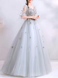 Gray Floral Half Sleeve Appliques V Neck Prom Dress