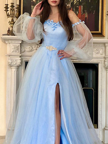 Off The Shoulder Tulle Puffy Sleeves Appliques Prom Dress