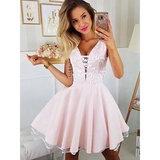 Satin Applique V-neck Pink Short Mini Homecoming Dress
