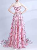 Pink Floral Strapless A Line Lace Up Prom Dress