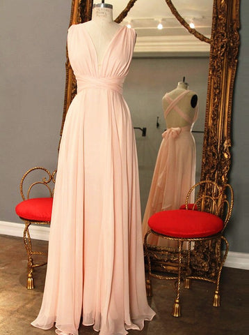  Pink V-Neck Floor Length Bridesmaid Dress with Bowknot