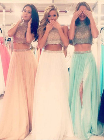 Two-pieces Beading Halter Neck Long Prom Dress