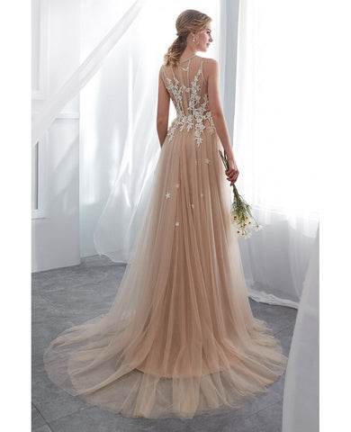 Lace Tulle Champagne Long Formal Dress With Modest High Neck