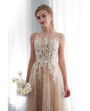 Lace Tulle Champagne Long Formal Dress With Modest High Neck