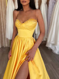 Yellow Satin Spaghetti Strap A Line Prom Dress With Slit