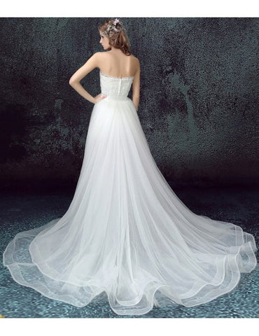 Strapless Long Detachable Skirt Lace Short Bridal Wedding Dress Custom Made / White Strapless Long Detachable Skirt Lace Short Bridal Wedding Dress Custom Made / White