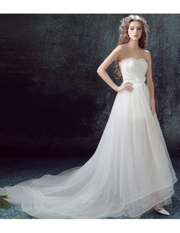 short wedding dress with detachable skirt Elegant A-line Fitted Dresses Overskirt Ivory / 22W oversized floral detail adds a touch of romance Strapless Long Detachable Skirt Lace