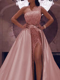 One Shoulder Sequin Detachable Train Prom Dress