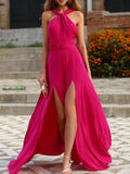 Pink Halter Slit Chiffon A Line Prom Dress