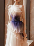 Purple Pleats Ruffles Ombre Prom Dress