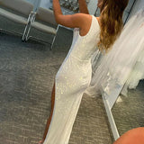 One Shoulder White Trumpet Mermaid Sequin Wedding Dress