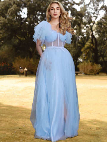 Tulle See Through Blue Prom Dress