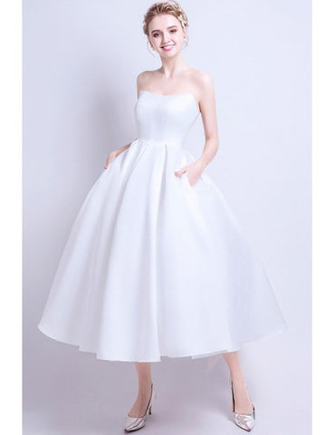 Ball gown Vintage Satin Tea Length Wedding Dress with Pockets