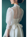Tulle Bubble Sleeves 80s Style Tea Length Wedding Dress
