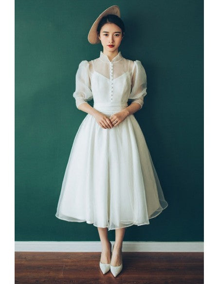 Tulle Bubble Sleeves 80s Style Tea Length Wedding Dress Tulle Bubble Sleeves 80s Style Tea Length Wedding Dress
