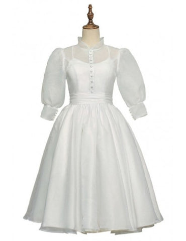 white dress 80s 2020 Tulle Bubble Sleeves 80s Style Tea Length Wedding Dress Custom Made / Pink