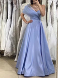 Blue Pleats Tulle One Shoulder Prom Dress