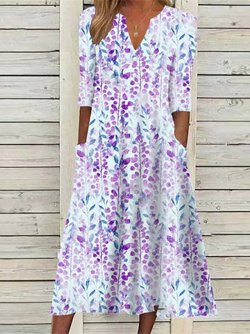 Half Sleeve Print Flower A Line Maxi Dress With Pockets