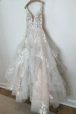 Ivory V Neck Lace Applique Tulle Bridal Wedding Dress