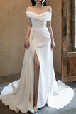 Ivory Off The Shoulder Satin Wedding Dress With Slit