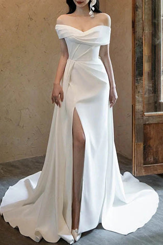 Ivory Off The Shoulder Satin Wedding Dress With Slit