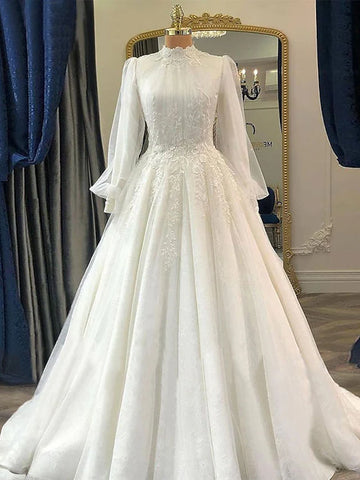 High Neck Long Sleeves Tulle Appliques Wedding Dress