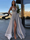 A Line Satin V Neck Sexy Long Prom Formal Dress