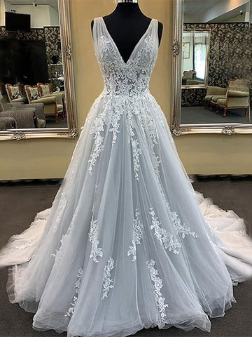 V Neck Lace Tulle Appliues Gray Wedding Dress