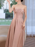 Blush Pink Satin Appliques Prom Dress