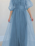 Off The Shoulder Blue Tulle Puffy Sleeve Party Dress