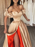 Champagne Satin Puffy Sleeve Prom Dress With Slit