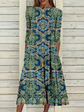 Shift Dress Green Blue 3/4 Length Sleeve Floral  Midi Dress