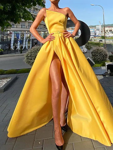 Yellow One Shoulder Slit Satin A Line Prom Dress