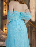 Blue Off The Shoulder Sequin Long Maxi Dress