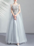 Gray Long Sleeve Tulle Beading Prom Dress