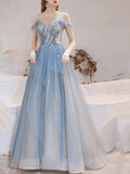 Puffy Blue Tulle Beading Formal Prom Dress