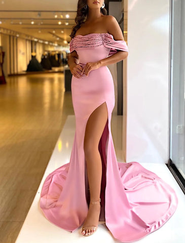 Ruched Slit Pink Off The Shoulder Pink Prom Formal Dress