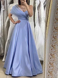 Blue Pleats Tulle One Shoulder Prom Dress